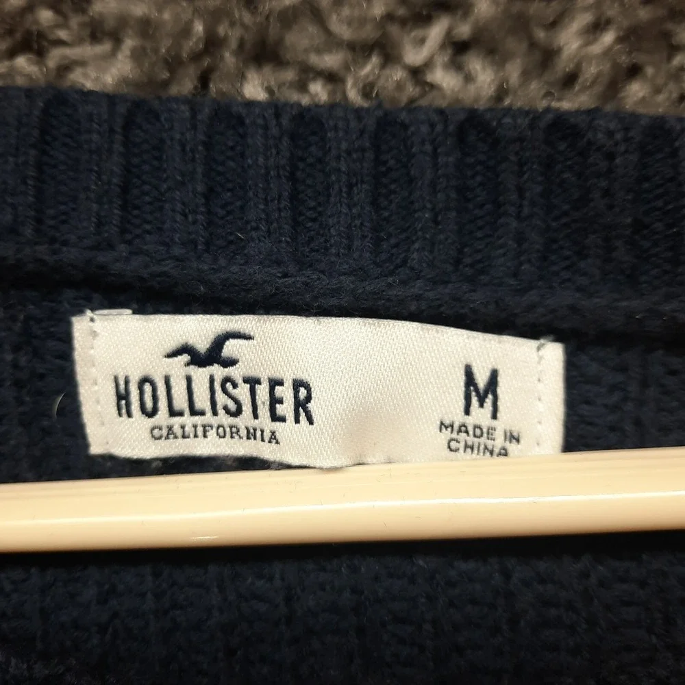 Hollister Sweater Men Medium Navy Blue Red White Stripe Crew Neck Waffle Knit‎